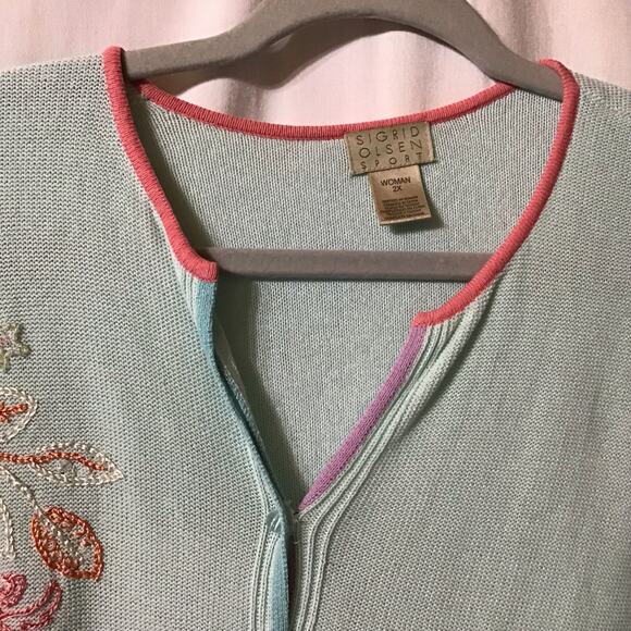 Sigrid Olsen Sport Cotton Blend Seafoam Beaded Embroidered Cardigan 2X - Picture 7 of 11